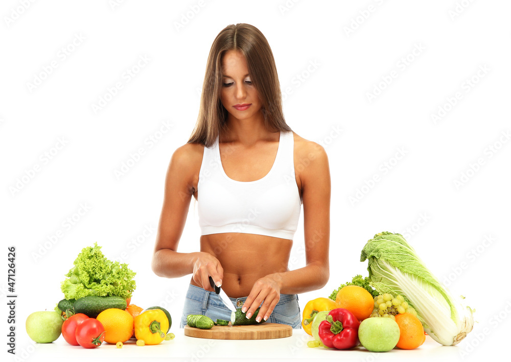 beautiful young woman cutting vegetables, isolated on white beautiful young woman cutting vegetables, isolated on white