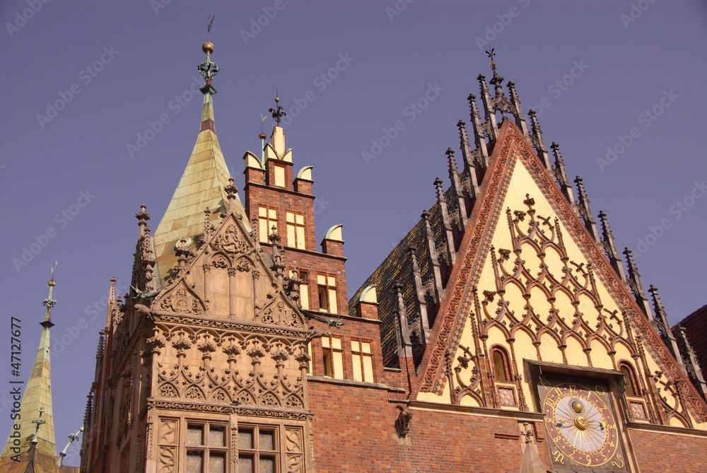 A detail of the historic city hall in Wroclaw in Poland