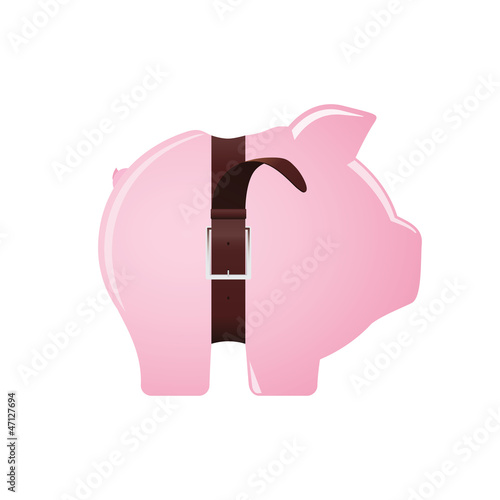 Pink piggy bank with tight belt isolated on white background