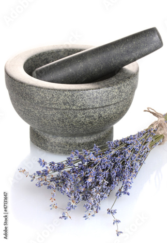 Fototapeta Naklejka Na Ścianę i Meble -  Lavender flowers with mortar isolated on white