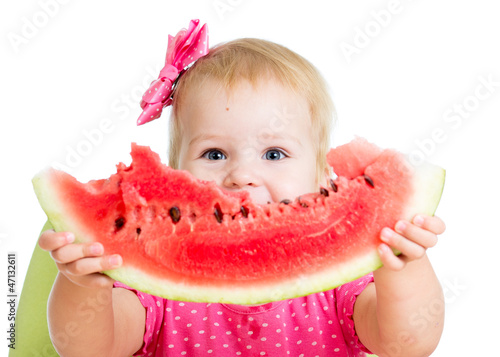 Child girl eating watermelo...