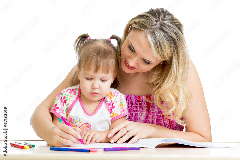 little child with mother drawing with color pen over white little child with mother drawing with color pen over white