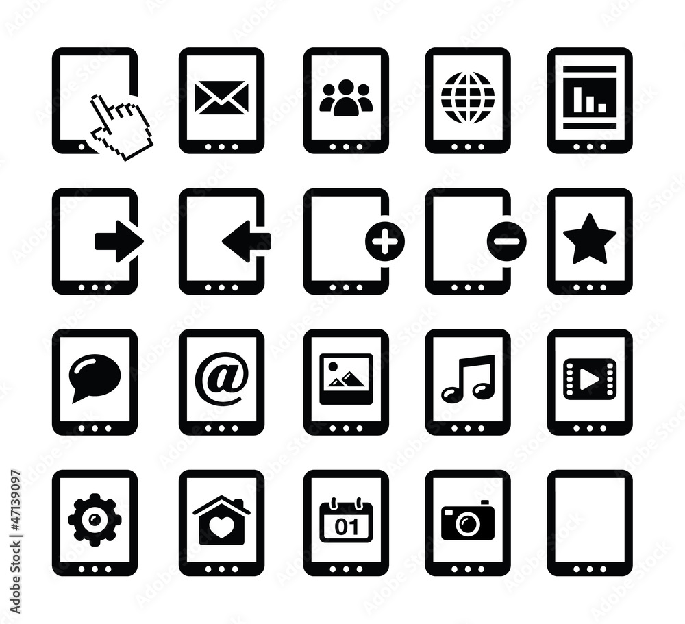 Tablet balck icons set with reflections