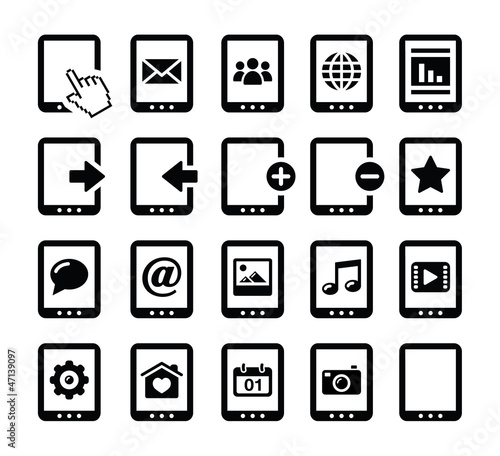Tablet balck icons set with reflections