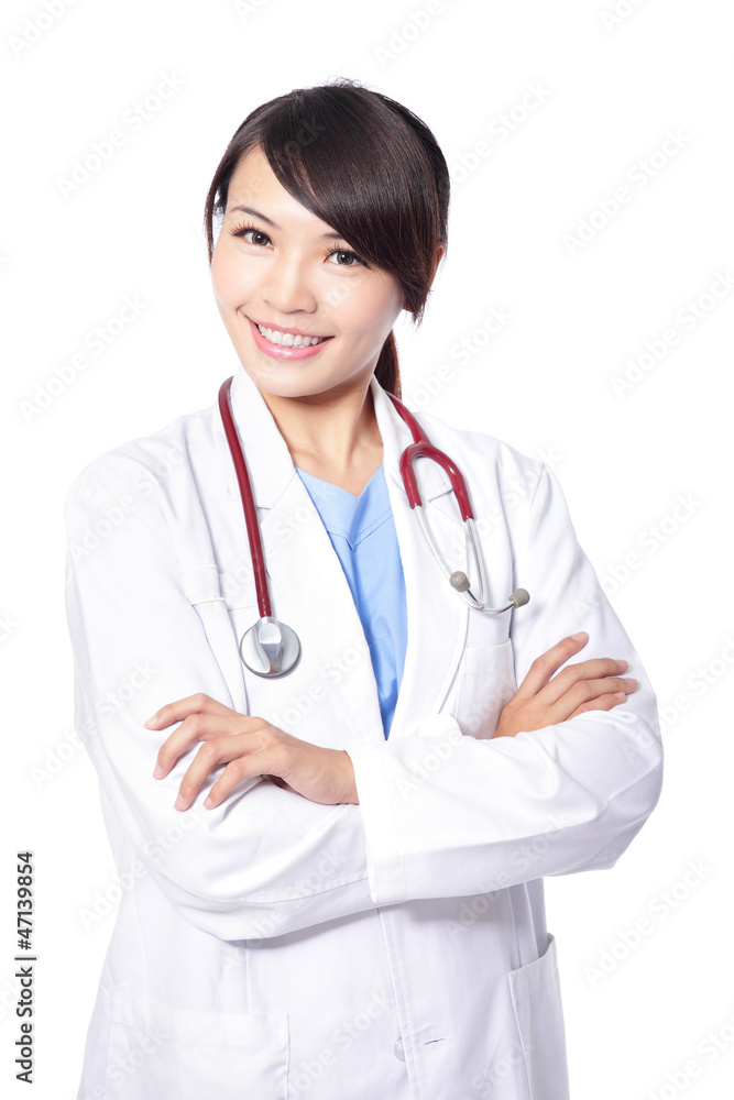 Portrait of a smiling woman doctor cross her arms