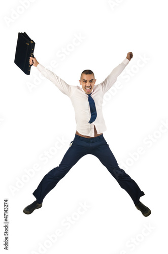 Jumping businessman in business concept on white