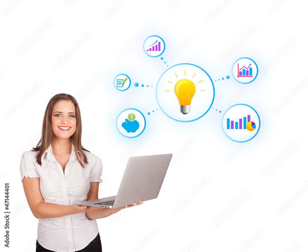 Young woman presenting light bulb with colorful graphs and diagr Young woman presenting light bulb with colorful graphs and diagr