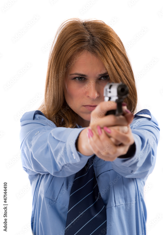 Lady cop posing with gun on white background Lady cop posing with gun on white background