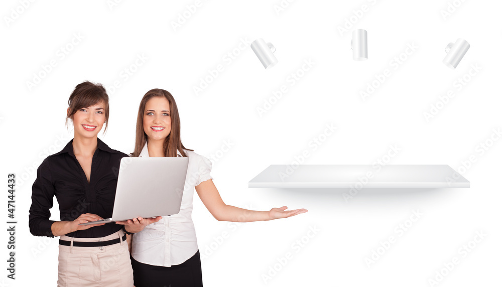 Beutiful young women presenting modern copy space Beutiful young women presenting modern copy space