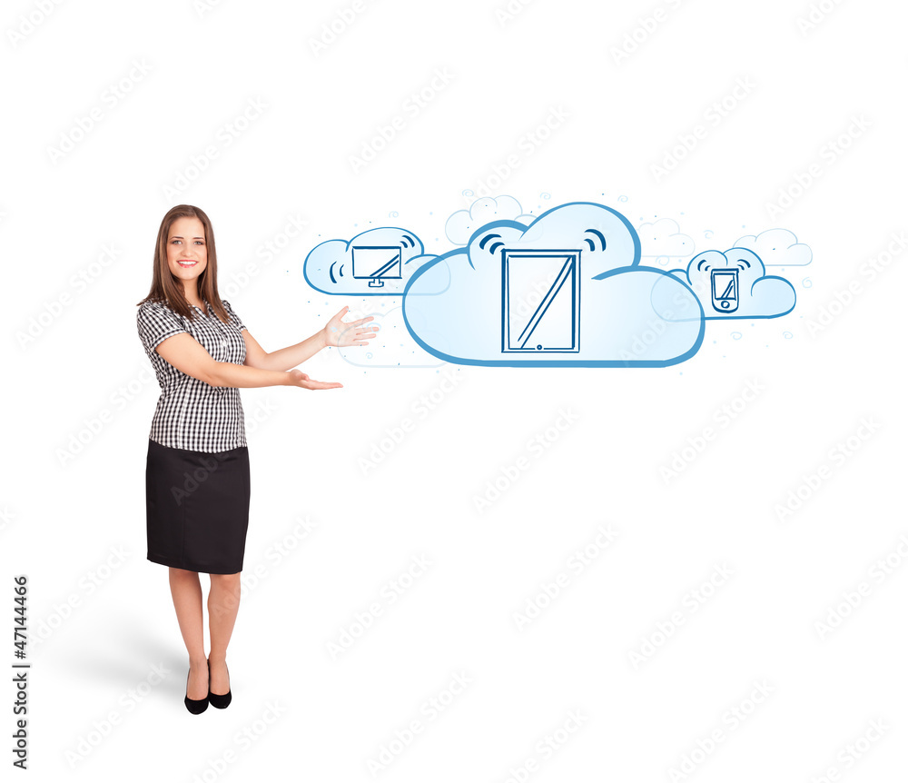 young woman presenting modern devices in clouds young woman presenting modern devices in clouds