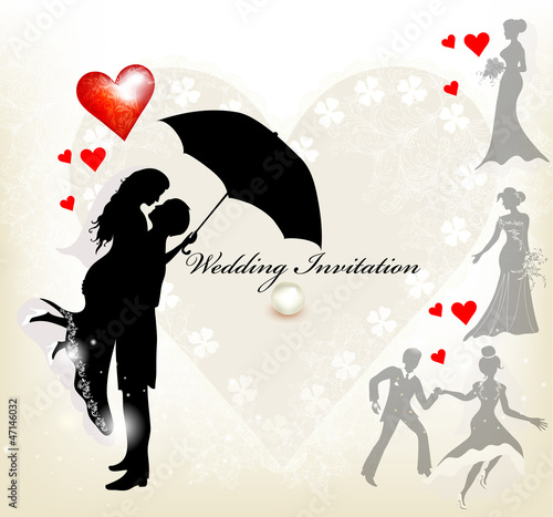 Design of wedding invitation with silhouette of cute couple and