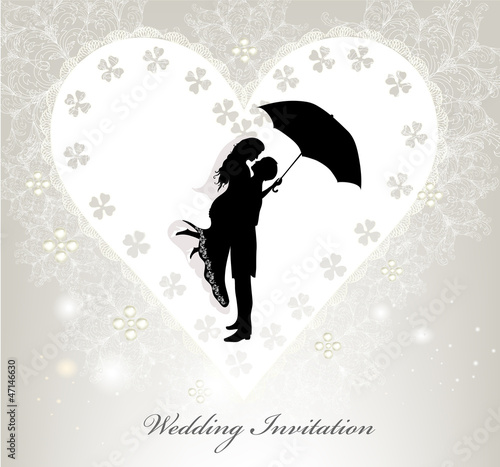 Elegant wedding invitation with vector silhouette of  young  bri
