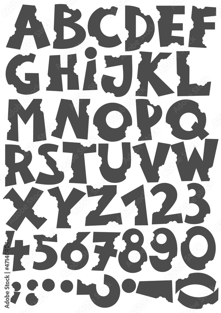 monochromatyczny alfabet pogryzione litery i cyfry - obrazy, fototapety, plakaty 