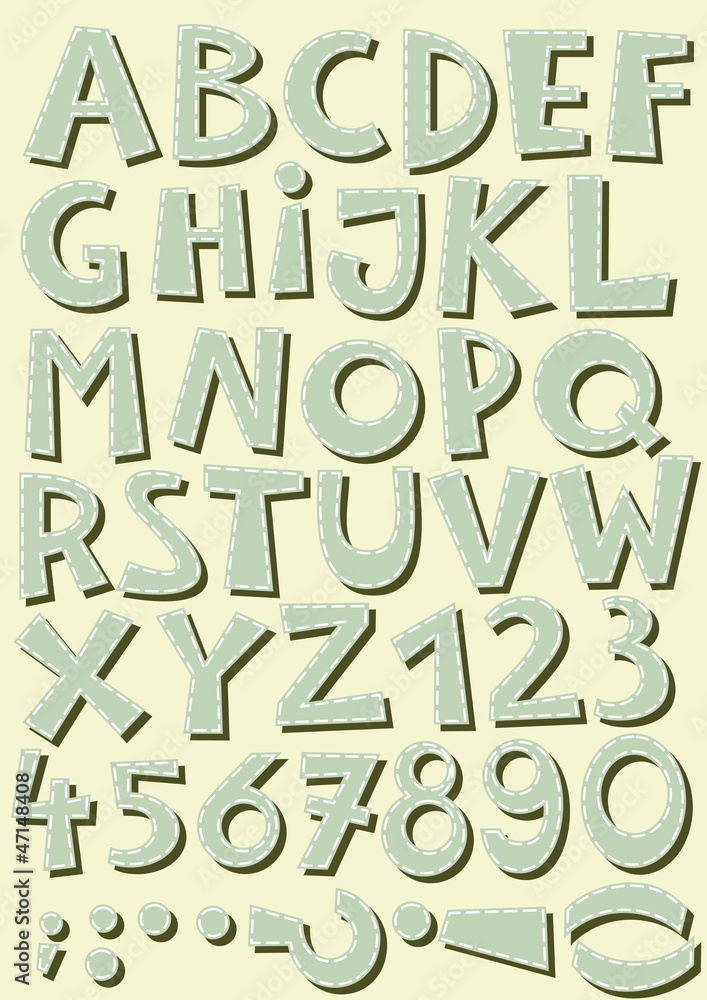 litery i cyfry z przeszyciem retro zestaw na beżowym tle