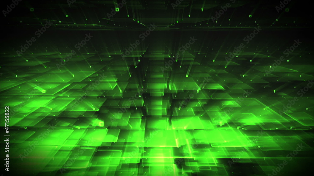 Green shapes turning against a black background Green shapes turning against a black background