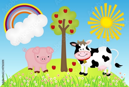 Illustration farm with cow and pig