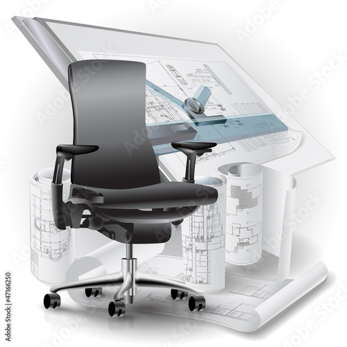 Part of office interior with a chair and architectural drawings