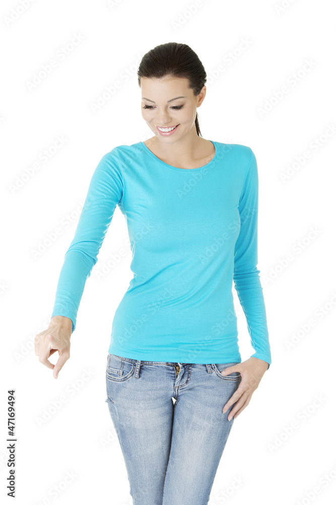 Young woman making choose on abstract screen Young woman making choose on abstract screen