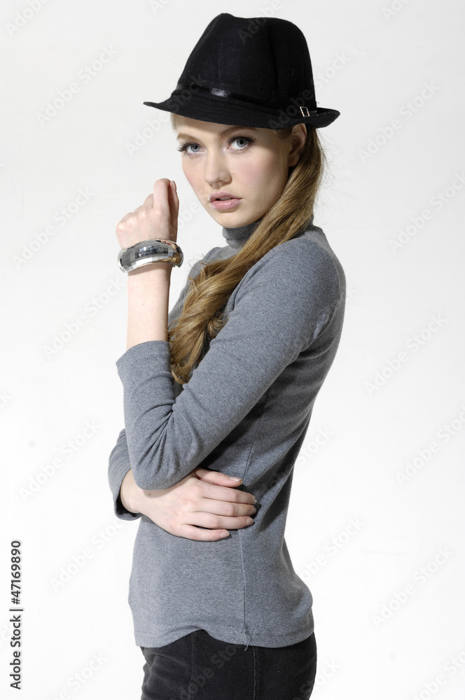 beautiful girl in hat posing on white background beautiful girl in hat posing on white background