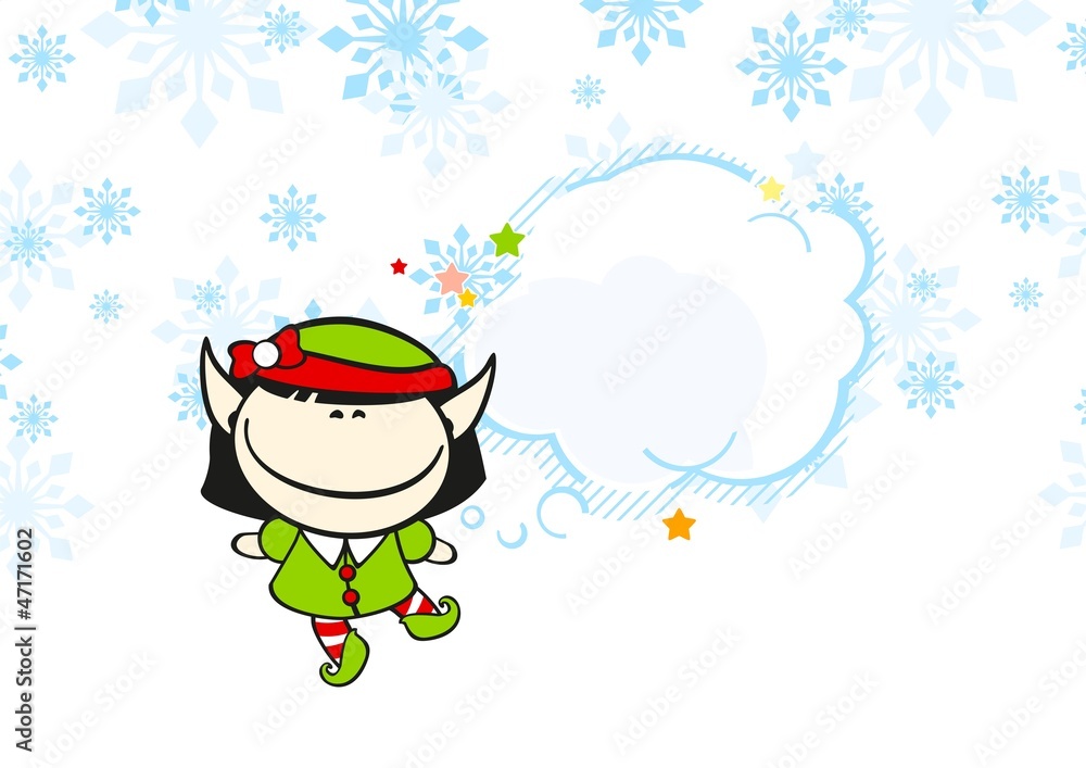 Christmas card with an elf girl and a thought bubble Christmas card with an elf girl and a thought bubble