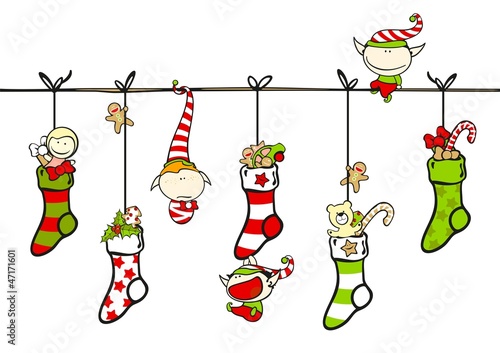 Cute playing elves with Christmas stockings