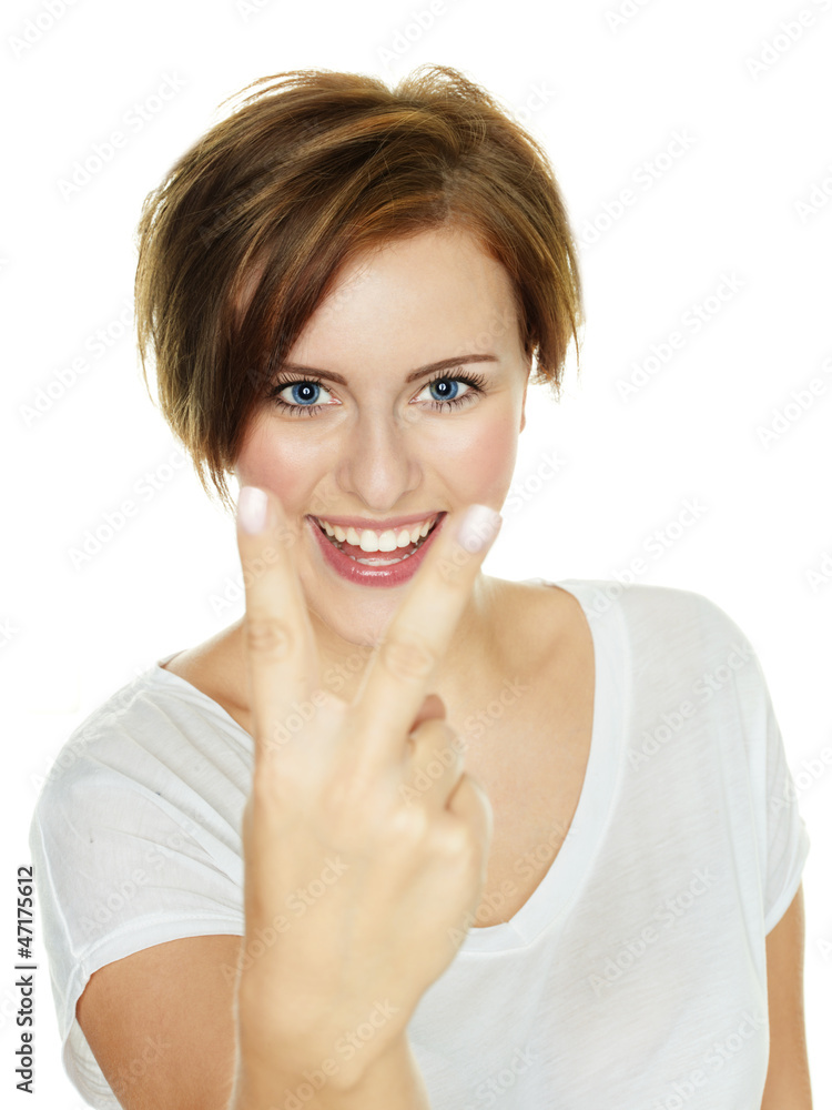 Happy successful woman shows thumb up on white background Happy successful woman shows thumb up on white background