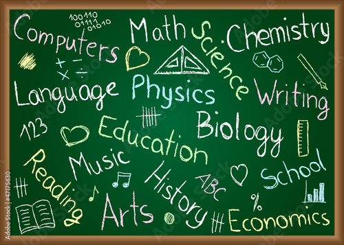 School subjects and doodles on chalkboard