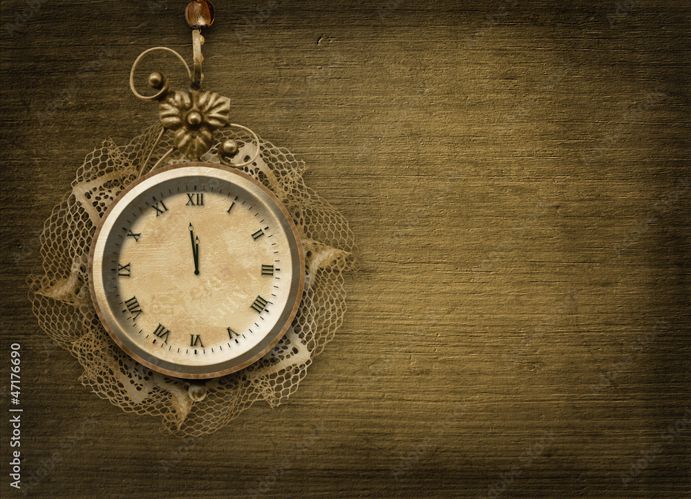 Antique clock face with lace and firtree on the abstract backgro Antique clock face with lace and firtree on the abstract backgro