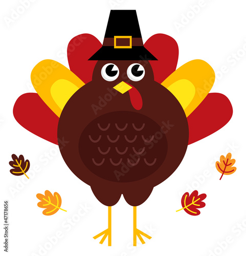 Cute retro thanksgiving turkey with hat isolated on white