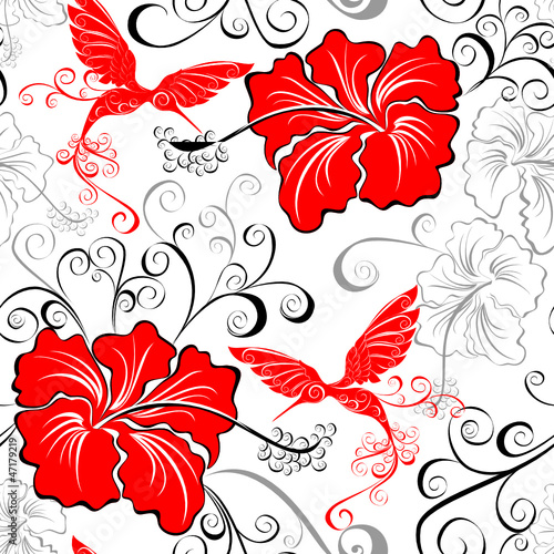 Hawaiian seamless patterns with hibiscus and Hummingbirds
