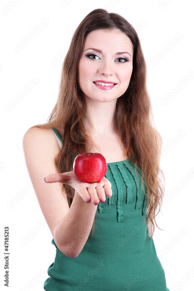 Beautiful woman with apple isolated on white Beautiful woman with apple isolated on white