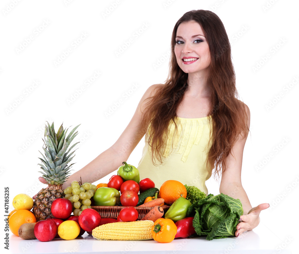 Beautiful woman with vegetables and fruits Beautiful woman with vegetables and fruits