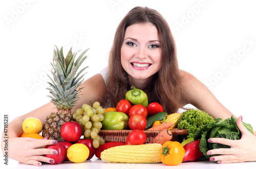 Beautiful woman with vegetables and fruits