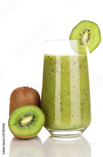 Glass of fresh kiwi juice isolated on white