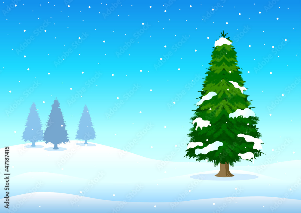 Vector illustration of pine tree in wintertime