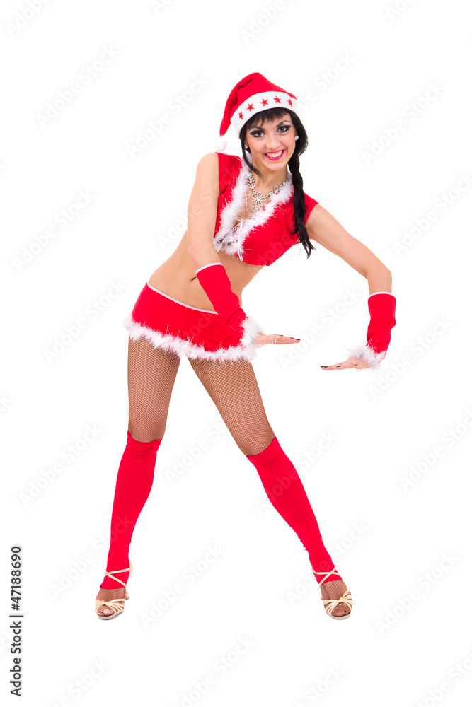 woman wearing santa claus clothes with holding gesture woman wearing santa claus clothes with holding gesture
