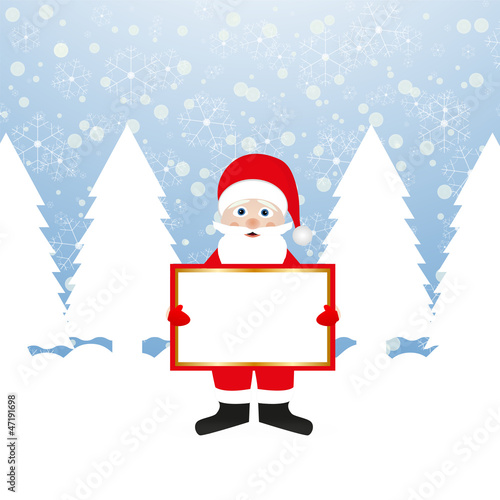 Santa Claus with a banner in his hands in a fairy forest