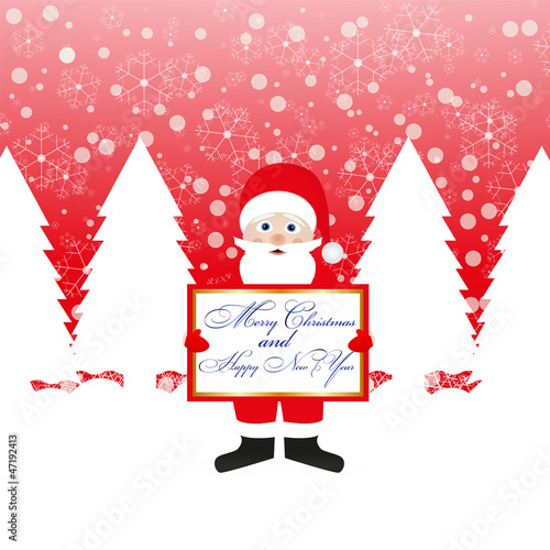 Santa Claus with a congratulatory banner in hands