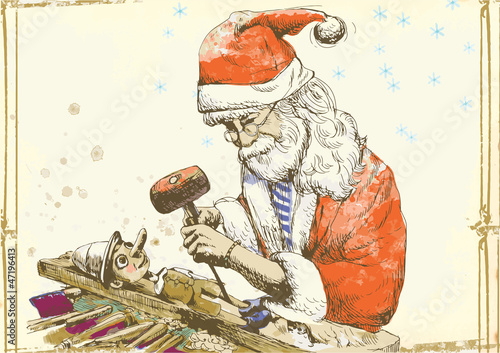 Santa Claus as a sculptor carves puppet Pinocchio
