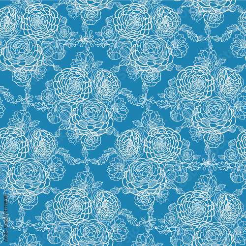 Fototapeta Naklejka Na Ścianę i Meble -  Vector Blue lace flowers elegant seamless pattern background