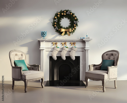 Elegant luxury contemporary living room with white fireplace