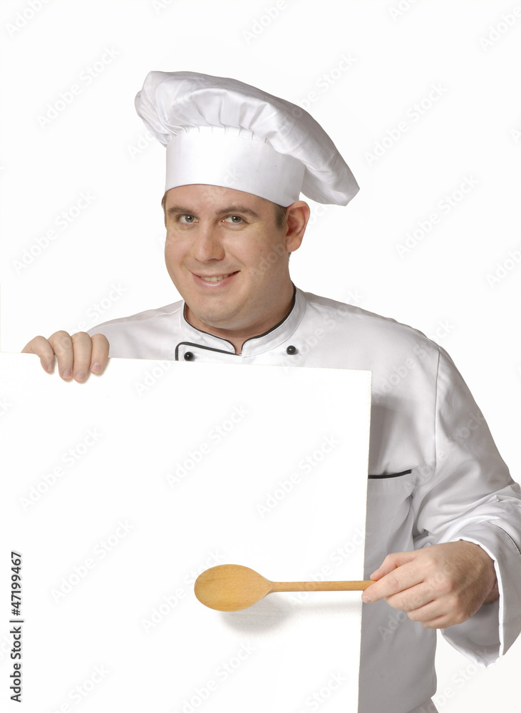 Cocinero chef sujetando una pancarta blanca. Cocinero chef sujetando una pancarta blanca.