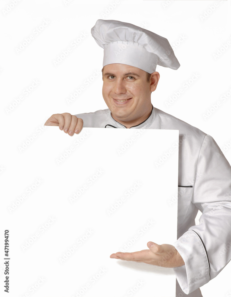 Cocinero chef sujetando una pancarta blanca. Cocinero chef sujetando una pancarta blanca.