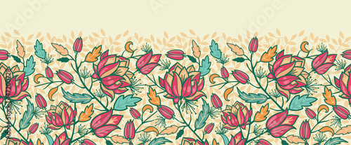 Vector Colorful flowers and leaves elegant horizontal seamless