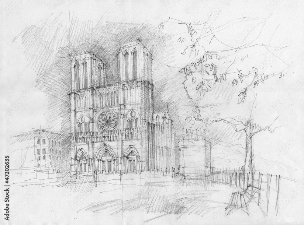 Naklejka premium Pencil drawing of the historic facade of Notre dame, Paris