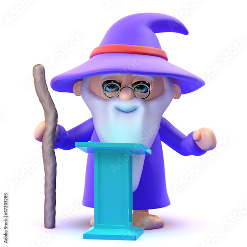 Wizard teaches spells from his magic lectern