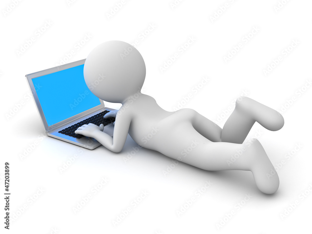 3d man lying down and using laptop computer 3d man lying down and using laptop computer