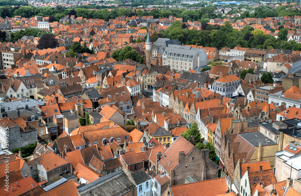 Top view of the red roofs of Bruges