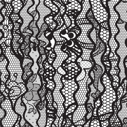 Black lace vector fabric seamless pattern with lines and waves
