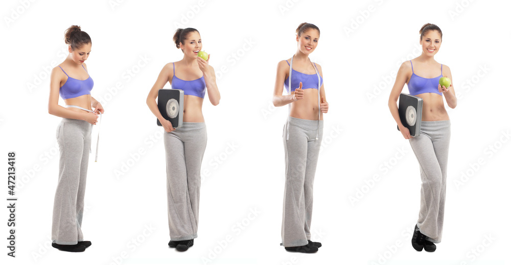 Obraz premium A collage of young women in sporty clothes holding weight scales